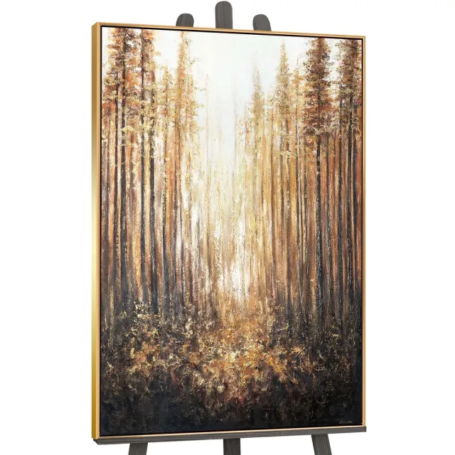 YS Canvas schilderij handgeschilderd forest radiance abstract – YS-Art Gallery – Luxe wanddecoratie voor woonkamer – Modern schilderij voor slaapkamer en hal Gold