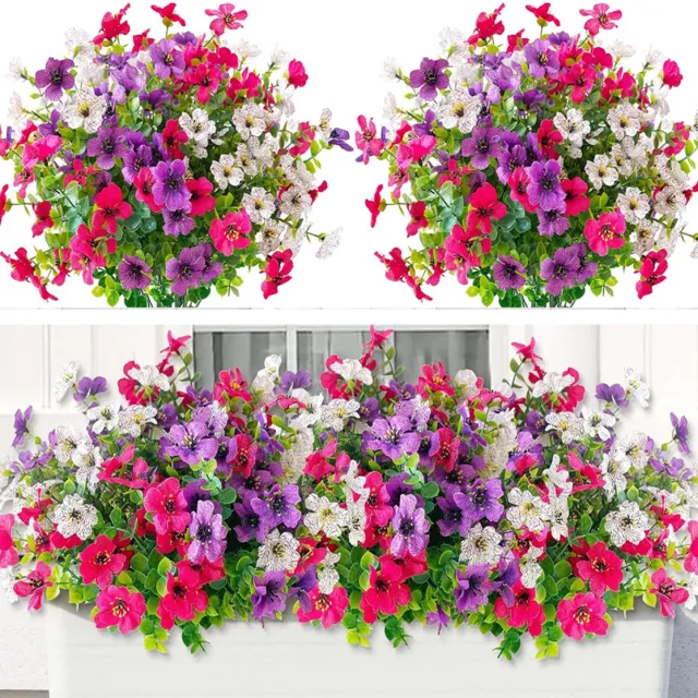 Mrilary 12 bundels kunstbloemen voor buiten, kleurrijke kunstbloemen, UV-bestendig, kunstbloemenboeket voor buiten, binnen, tuin, verandadecoratie (Wit, Roosrood, Paars) 12 stuks Wit + Roosrood + Paars
