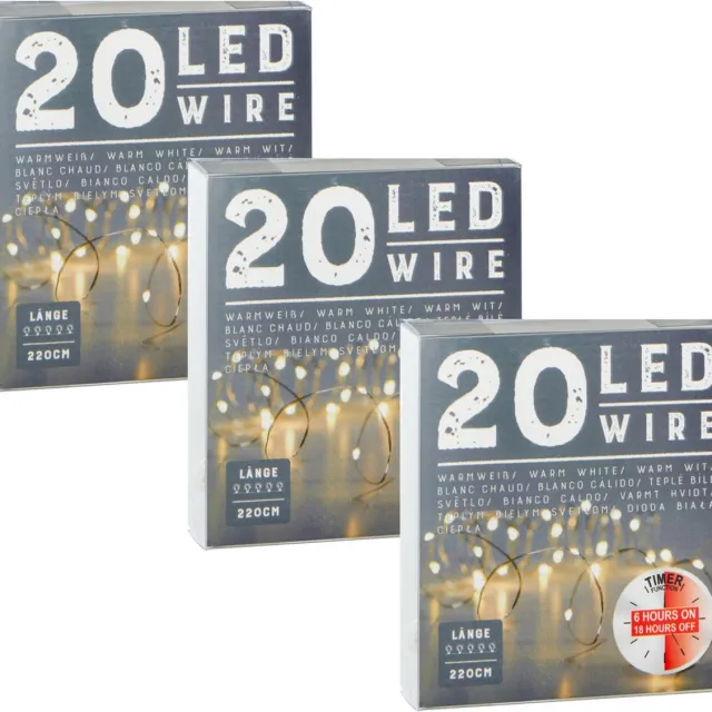 Cepewa Draadverlichting lichtsnoer - 3x - 220 cm - 20 leds - warm wit - batterij - timer - kerstverlichting