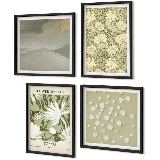 Coloray 4-Delige Schilderij Set - Plantenpatronen En Abstracties In Boho-Stijl - 40 x 40 cm En 40 x 60 cm - Muurdecoratie - Interieur Decoratie - Wanddecoratie Zwarte lijst