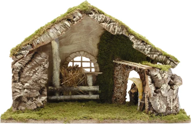 Euromarchi lege kerststal - zonder figuren - L50 x B21 x H32 cm - hout/mos Bruin