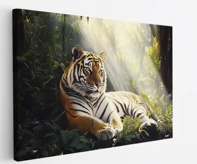 Saammp Canvas Schilderij - Tijger in het bos - Zon - Natuur - Dieren - 60x40 - Foto op canvas - Wanddecoratie - muurdecoratie Woonkamer - Slaapkamer decoratie - Canvas Print Multicolor