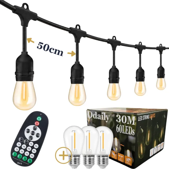 Odaily Lichtsnoer Buiten - 30 Meter - 60 LED Lampen - Warm Wit Licht - Dimbaar - Horecakwaliteit