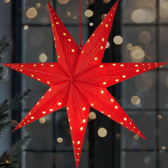 Brubaker 3D Kerstster om op te Hangen - LED Papieren Ster met Timer - 60 cm Adventster met Modern Patroon - Werkt op Batterijen en Verlicht - Kerstdecoratie Lichtster voor Venster - Rood Rood Stermotief