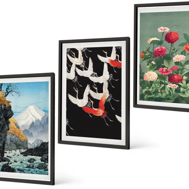 Coloray 3-Delige Schilderij Set - Bergen Met Een Waterval, Vogels In Vlucht En Kleurrijke Bloemen - 40 x 60 cm - Muurdecoratie - Interieur Decoratie - Woonkamer Decoratie Zwarte lijst