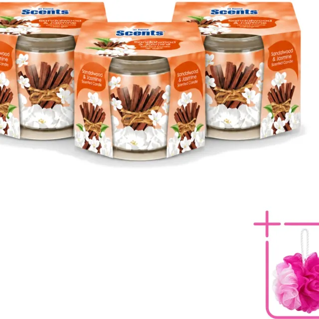 At Home 3 x At Home - Scents - Geurkaars - Sandalwood & Jasmin - 70 g - Bulkverpakking - Geurkaars - Douchemop - Sandelhout Bruin