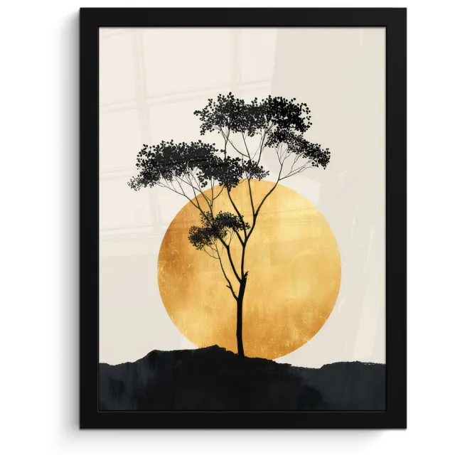 FrameYourWall Poster in lijst - Fotolijst 30x40 cm - Posters - Zwarte boom - Gouden cirkel - Heuvel - Posterlijst zwart - Decoratie - Wanddecoratie woonkamer - Muurdecoratie slaapkamer Boom - Cirkel - Heuvel