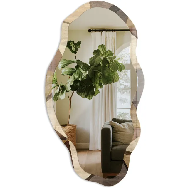 TULUP Houten Geometrie Spiegel - Bruin Elegante Rechthoekige Wandspiegel - Organische Spiegel - Woonkamer, Hal, Kantoor - Geometrisch - 45x90 cm - Totale afmeting 52x97 cm Houten Geometrie, Bruin