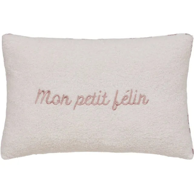 Atmosphera Bouclé Sierkussen Mon Petit Félin - 38x58cm - Wit Blanc/rose