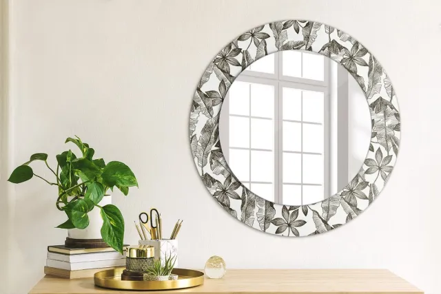 Coloray Bedrukte Spiegel - Tropische bladeren Spiegel Met Bedrukte Lijst - 50 cm - Zwart en wit Bedrukte Spiegel - Spiegel Met Bedrukte Lijst - Spiegel Met Decoratie - Spiegel Lijst Met Print Zwart en wit Tropische bladeren