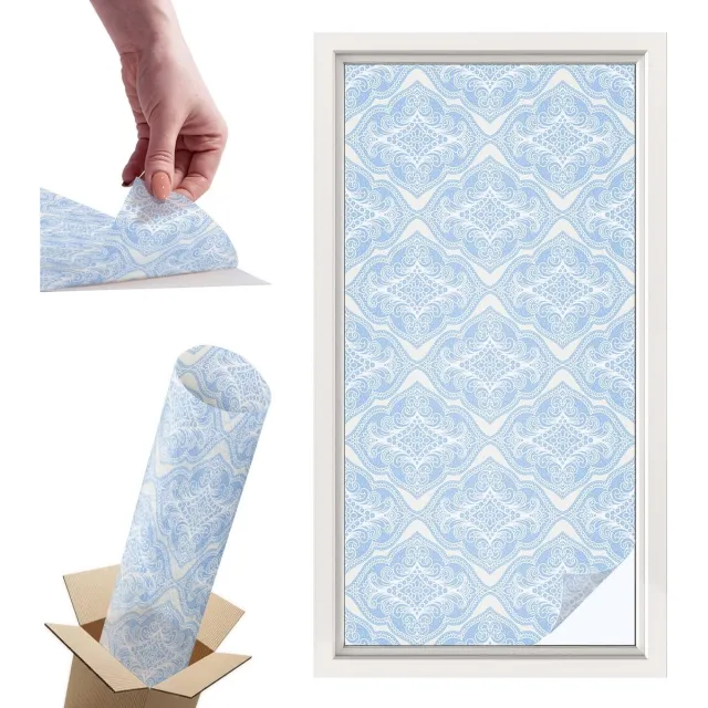 TULUP Raamfolie Anti inkijk - Bloemenornament Privacy Folie Raam - 50x100 cm - Blauw Anti inkijk Folie - Raamfolie Tegen inkijk Glas in Lood - Voor de slaapkamer, woonkamer en hal. - Raamfolie Zonwering Blauw - Bloemenornament