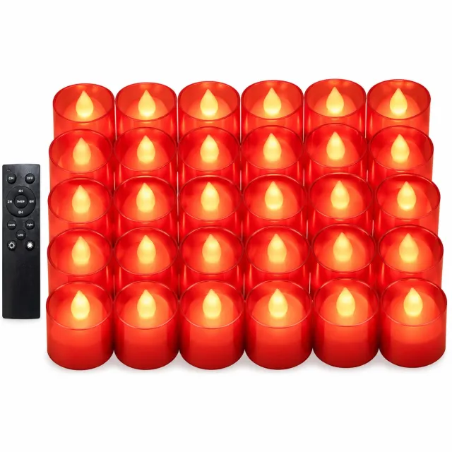 SWGOTA led kaarsen, 24 rode theelichtjes in bekervorm per doos, met vlameffect en grote afstandsbediening Rood