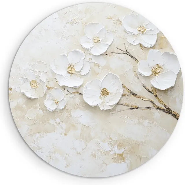 Saammp Muurcirkel Hout - Witte Bloemen en Takken - Natuur - Textuur Abstract - Ø 70 - Wandcirkel - Wanddecoratie Cirkel - Muurdecoratie Woonkamer - Kantoor Decoratie
