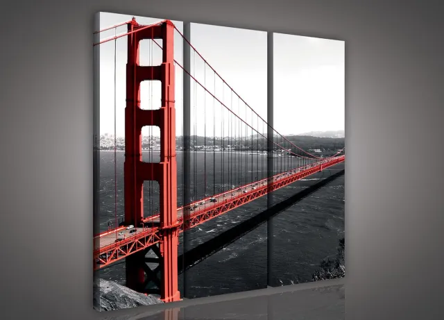 Canvas Schilderij - Stad - Golden Gate - Brug - Water - Urban - Rood - Schilderij Woonkamer - Schilderijen op canvas - Inclusief Frame - 90x80cm LxB - 3 Luiks - 3 Delen Golden Gate - Rood