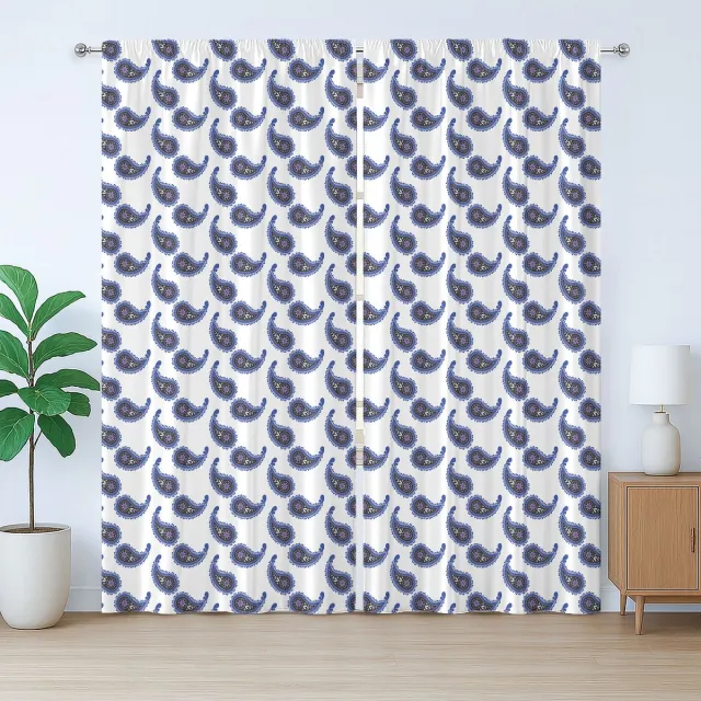 ABAKUHAUS Paisley Rustiek Gordijn, Abstracte Folkloristische Stijl, met Bandjes, Lusjes en Haken voor de Woonkamer, 280 x 245 cm, Koningsblauw Wit