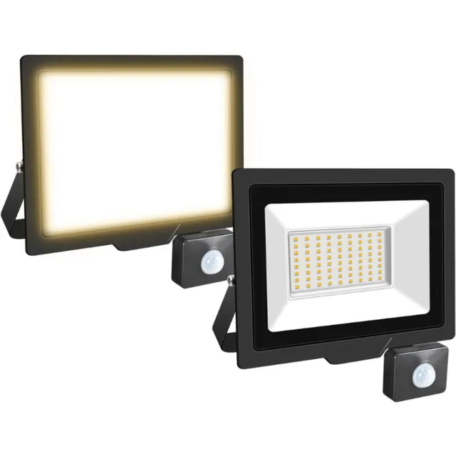 WillPower Set van 2 50 W 5000 lm LED-buitenspots met bewegingssensor, LED-spot 4000 K warm wit, IP66 waterdicht, veiligheidsverlichting voor tuin, terras en garage [Energieklasse E] ZWART