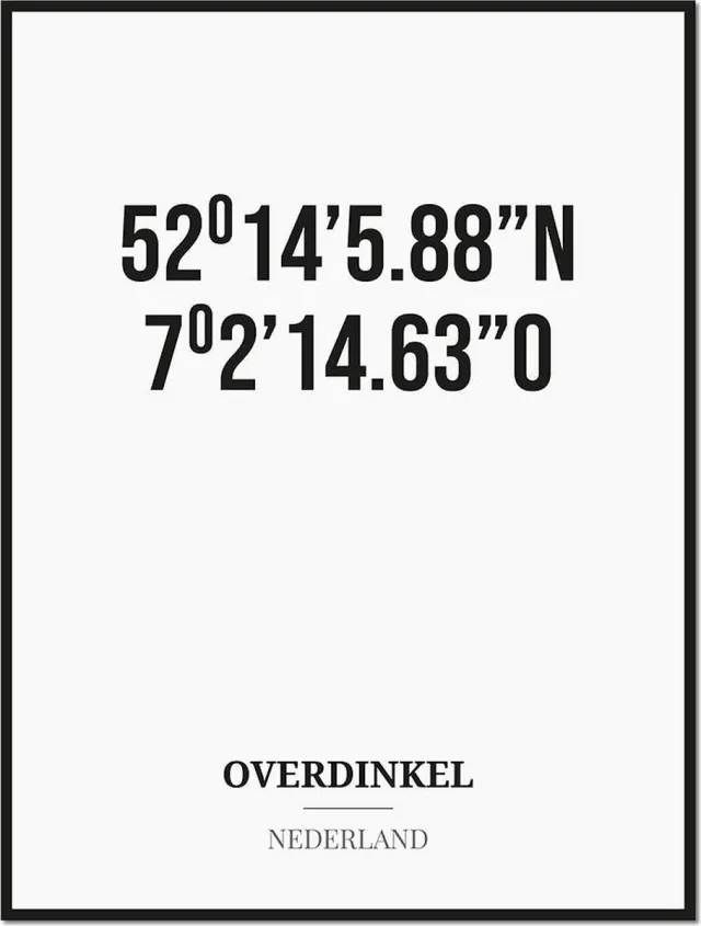 Studio216 Poster/kaart OVERDINKEL met coördinaten zwart, wit