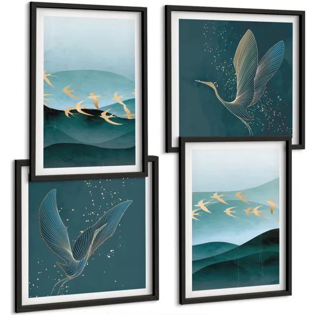 TULUP 4-Delige Schilderij Set - Abstracte landschappen met golven en vliegende vogels - 40 x 40 cm en 40 x 60 cm - Wanddecoratie - Schilderijen Set - Interieur - Stijlvolle Muurdecoratie Zwarte lijst