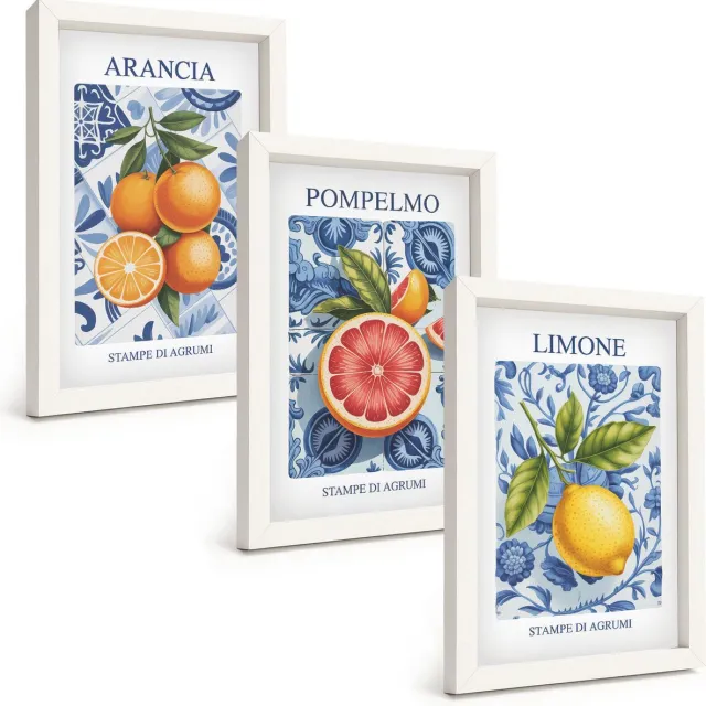 TULUP 3-Delige Schilderij Set - Vintage illustraties van citrusvruchten - 20x30 - Stijlvolle Muurdecoratie - Kantoor Witte lijst
