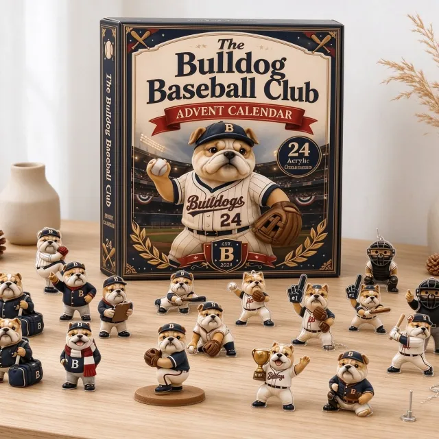 UNION international technology B.V. kerst adventskalender 2026 bulldog honkbal thema - 24 stuks acryl hangornamenten -meerkleurig sporttenue -3-4cm platte hangornamenten- 2d platte ornamenten - sport hond kerstversiering - kerstboom decoratie -cadeau voor honden en honkbal liefhebbers