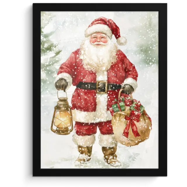 FrameYourWall Poster in lijst - Fotolijst 30x40 cm - Posters - Kerstman- Winter - Sneeuw - Wit - Rood - Posterlijst zwart - Decoratie - Wanddecoratie woonkamer - Muurdecoratie slaapkamer - Kerstversiering - Kerstdecoratie voor binnen - Kerstmis
