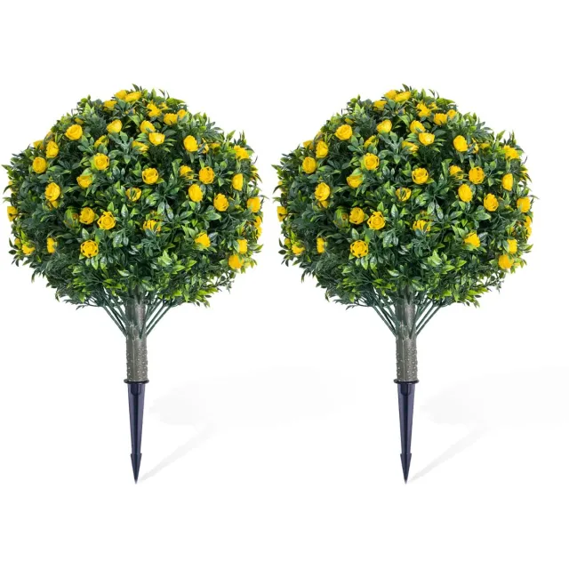 Triumpunpre Set van 2 Kunstmatige Bomen met Grondpen – Bolvormige Rozenbal met Gele Bloemen – Kunstplant voor Buiten 60 cm – PE – Onderhoudsvrij – Tuin, Terras & Balkon 2 stuks met gele bloemen PZD-1-235, 60 × 40 cm