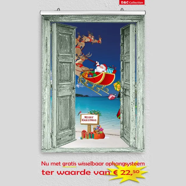 D&C Collection Winterposter - kerst poster - 60x80 cm - doorkijk - open groene deuren Tropisch kerst strand met Santa Claus- winter poster - kerst decoratie- kerstinterieur - kerst wanddecoratie