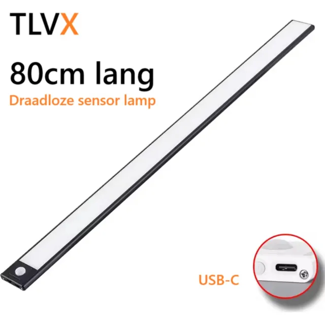 TLVX Oplaadbare LED Sensorlamp Extra Lang / 80CM / 120 LED’s / USB / Beweging Sensor Draadloos Accu / Dimbaar / Kleding Kastverlichting / Keuken lamp / Wit Licht / Warm White / Ultra dun / Magnetische plak strips / Light Motion Sensor / Kleur Zwart