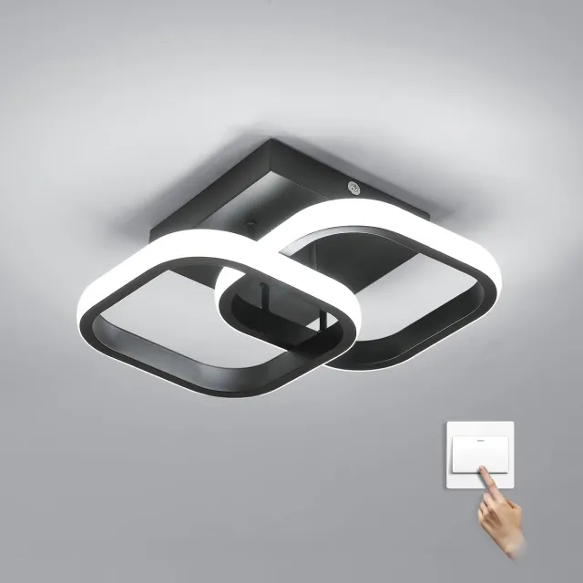 Haobosic LED-plafondlamp met drie kleuren, zwart, plafondlamp met dubbel vierkant design, plafondlamp van aluminium en smeedijzer, woonkamerlamp Black