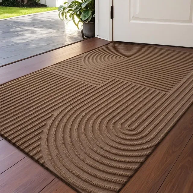 Ultiluxe Deurmat voor binnen buiten - Vuilvangmat voor voordeur entree - Antislip mat voor hal - Wasbare mat met groeven - Polyester bovenkant rubber onderzijde - Geometrisch lijnen en bogen - Beige - 45 x 75 cm Bruin