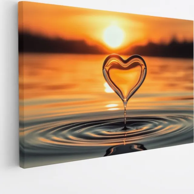 Saammp Canvas Schilderij - Waterdruppel in vorm van Hart - Landschap - Natuur - 50x40 - Foto op canvas - Wanddecoratie - Muurdecoratie Woonkamer - Slaapkamer decoratie - Canvas Print Multicolor