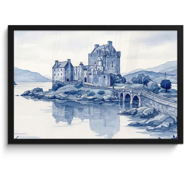 FrameYourWall Poster in lijst - Fotolijst 60x40 cm - Posters - Schots - Kasteel - Blauw - Aquarel - Posterlijst zwart - Decoratie - Wanddecoratie woonkamer - Muurdecoratie slaapkamer