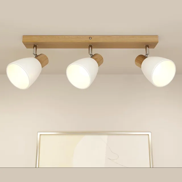 Epochglo Plafondspot 3-Lichts met Houten Basis, E14 Spots Draaibaar 350° & Kantelbaar 90°, Plafondlamp en Wandlamp, Wit met Houtlook, voor Woonkamer, Slaapkamer, Keuken en Hal