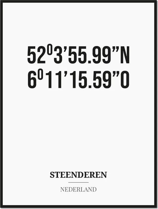 Studio216 Poster/kaart STEENDEREN met coördinaten zwart, wit