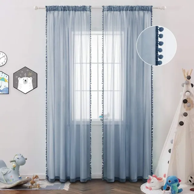 Hoomall Voile gordijn transparant met pompons Gordijn gemaakt van voile polyester staaf trek transparant woonkamer lucht decoratief gordijn voor slaapkamer - set van 2 Blauw