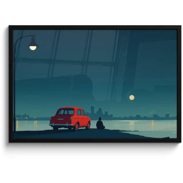 FrameYourWall Poster in lijst - Fotolijst 90x60 cm - Posters - Auto - Volle maan - Uitkijkend over water - Posterlijst zwart - Decoratie - Wanddecoratie woonkamer - Muurdecoratie slaapkamer Water - Maan