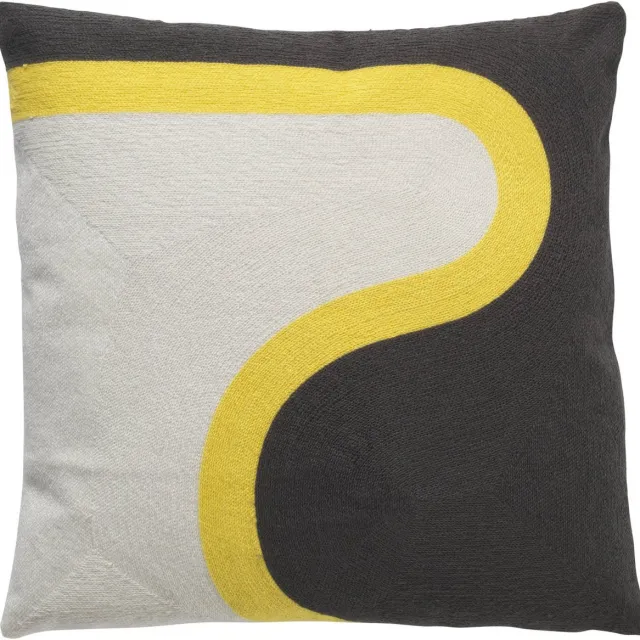 Dutch Decor NINA - Sierkussen 45x45 cm - zwart en wit - gele streep - retro dessin - Inclusief binnenkussen Ivoor