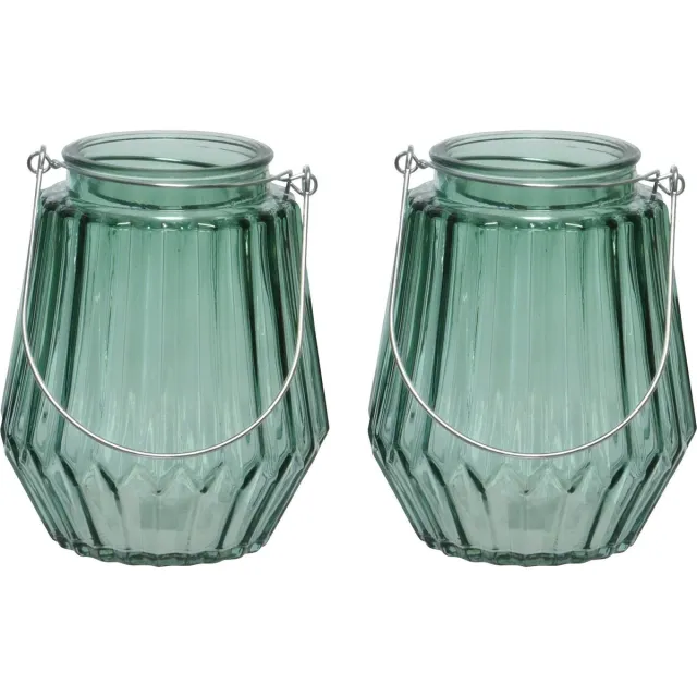 Decoris 2x stuks theelichthouders/waxinelichthouders streepjes glas zeegroen met metalen handvat 11 x 13 cm - Windlichtjes/kaarsenhouders