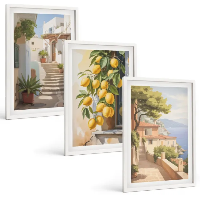 Coloray 3-Delige Schilderij Set - Sfeervolle Straatjes Met Citroenbomen En Uitzicht Op Zee. - 40 x 60 - Decoratieve Muurdecoratie - Slaapkamer - Wanddecoratie Witte lijst