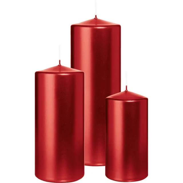 Wiedemann Cilinderkaarsen/stompkaarsen - set van 3 - metallic rood - 6x12/7x15/7x20 cm Donkerrood