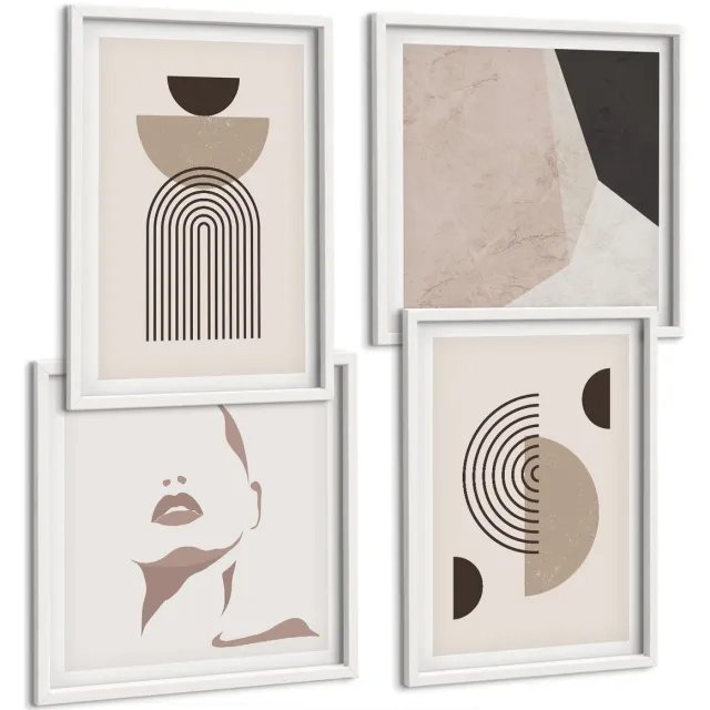 TULUP 4-Delige Schilderij Set - Abstracte geometrische vormen en gezichtssilhouet - 40x40 en 40x60 - Muurdecoratie - Schilderijen Set - Woonkamer - Woonkamer Decoratie Witte lijst