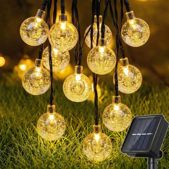 Rosnek Solar Lichtsnoer Buiten - Lichtslinger met 50 LED Kristallen Bollen - 9.5 Meter - 8 Standen met Geheugenfunctie - Tuinverlichting op Zonne-energie - IP44 Waterdicht - Warm Wit