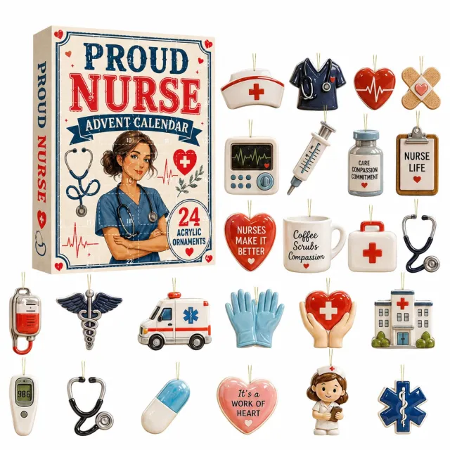 SWGOTA Medische adventskalender met 24 vakjes en 24 platte hangdecoraties, ambulance- en verpleegmotieven, met ophanglusjes en doos Meerkleurig