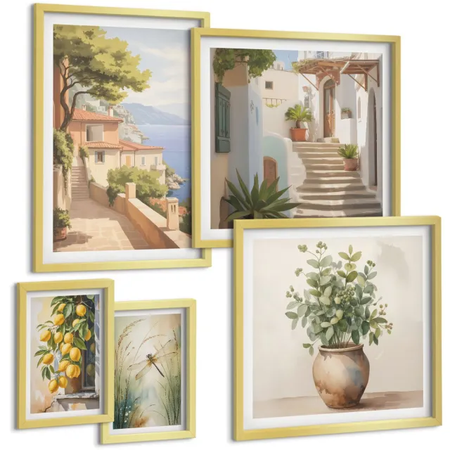 TULUP 5-Delige Schilderij Set - Stijlvolle uitzichten op kustplaatsen en de omliggende vegetatie. - 50 x 50 cm, 20 x 30 cm en 40 x 60 cm - Muurdecoratie - Schilderijen Set - Woonkamer - Stijlvolle Muurdecoratie Gouden lijst