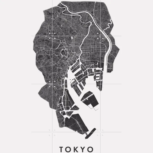 IXXI Tokyo City Map, Kunst in Kaart - 60 x 80 cm - Grote wanddecoratie en posters - Geometrische Kunst, Minimalisme, Technische Tekening, Grafisch Zwart / Zwart en wit / Monochroom