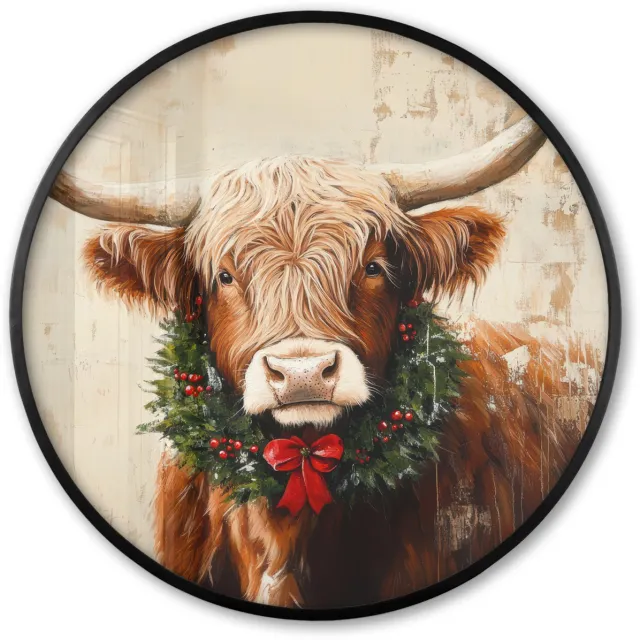 FrameYourWall Poster in lijst Rond - Fotolijst 80x80 cm - Posters - Kerst - Schotse Hooglander - Bruin - Krans - Ronde posterlijst zwart - Decoratie - Wanddecoratie woonkamer - Muurdecoratie slaapkamer - Kerstversiering - Kerstdecoratie voor binnen - Kerstmis