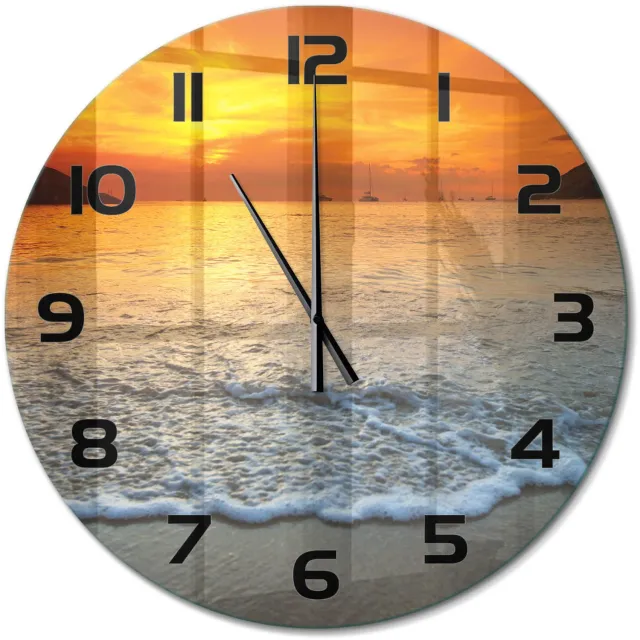 TULUP Wandklok - Zonsondergang Zee Decoratieve Glazen Klok - fi60 cm - Oranje Glazen Wandklok Design - Zwarte handen - Ronde Klok - Glazen Klok Met Print - Wandklok Glas Met Motief