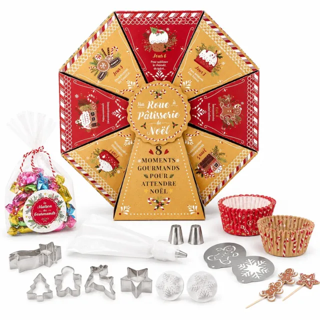 WDMT Patisserie Adventskalender met 8 Bakverrassingen – Cadeauwiel met Bakaccessoires, Spuitzak en Spuitmondjes – Kerstcadeau – Beige Baking