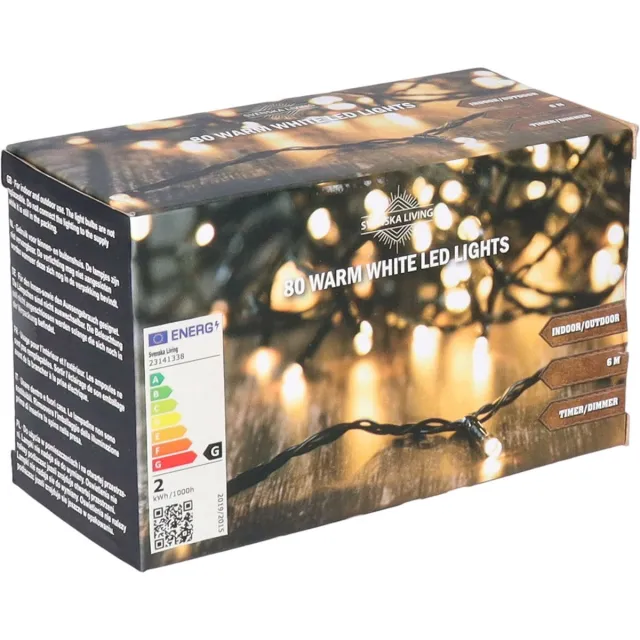 Svenska Living Kerstverlichting - 80 led lampjes - warm wit - 600 cm - zwart snoer - timer