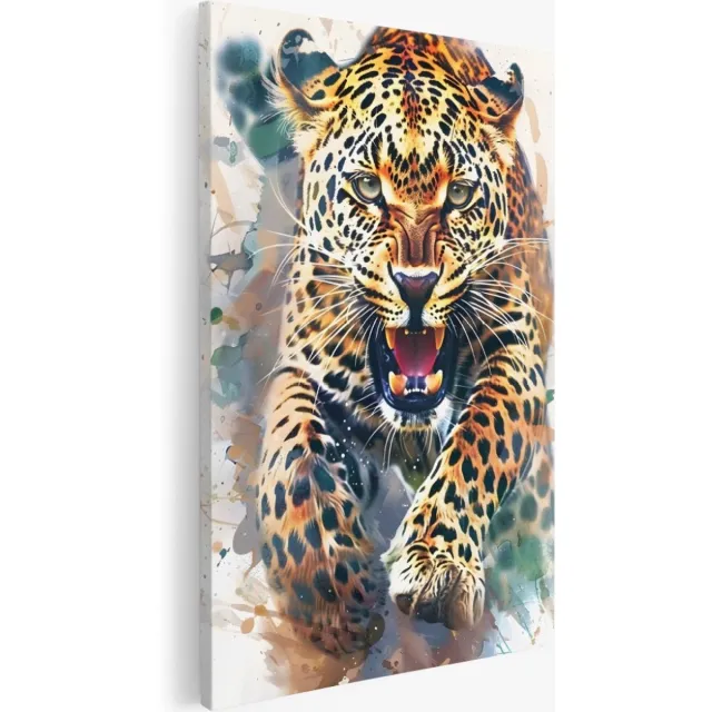 Saammp Canvas Schilderij - Luipaard waterverf - Abstract - Dieren - 40x50 - Foto op canvas - Wanddecoratie - Muurdecoratie Woonkamer - Slaapkamer decoratie - Canvas Print Multicolor